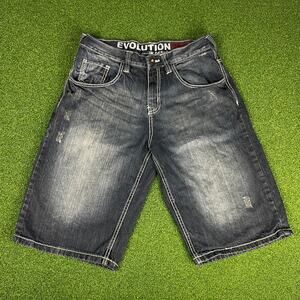 Vintage Y2K Evolution In Design Black Stone Wash Denim Baggy Jean Shorts Sz 34